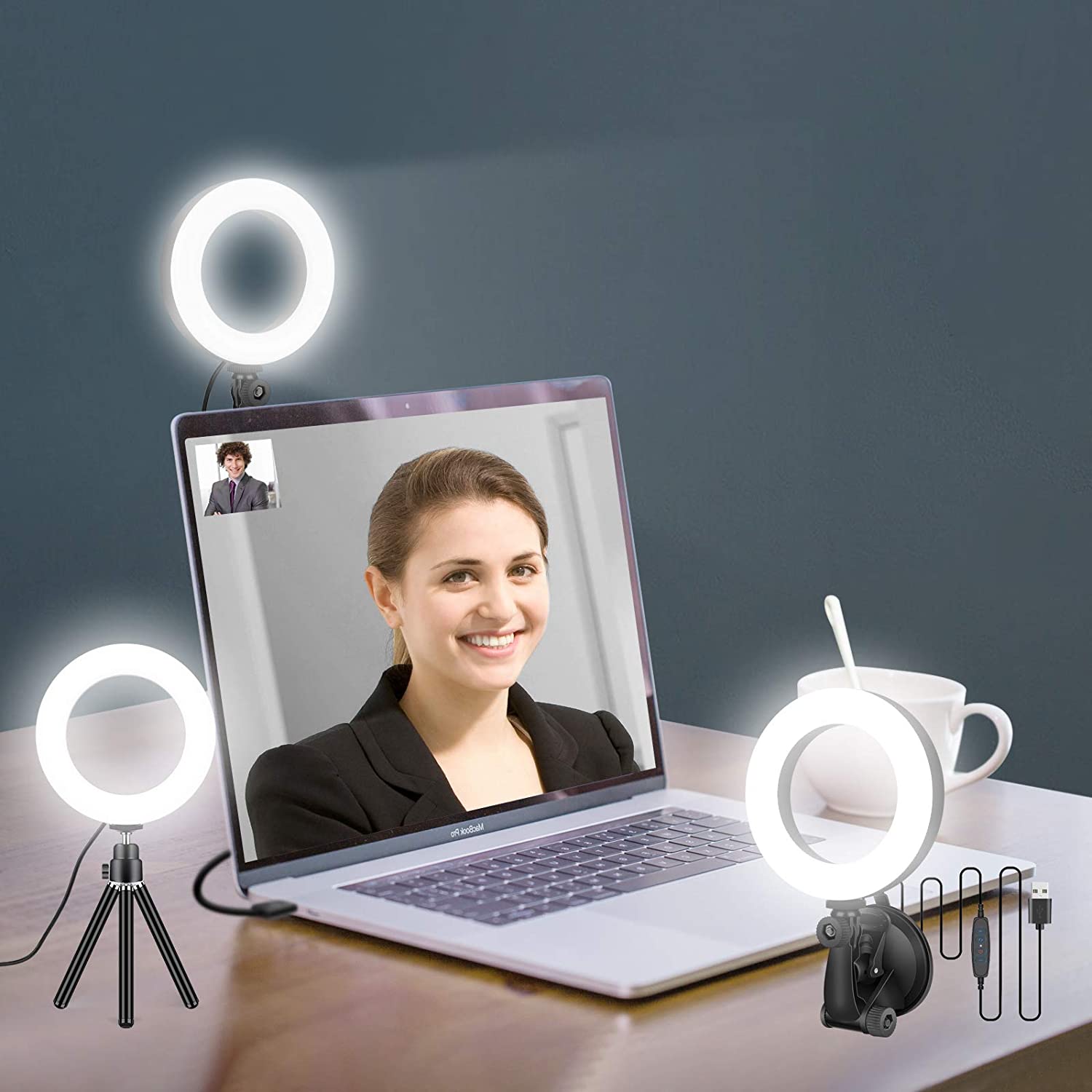 Photography Zoom - 16ซม.แหวนไฟสำหรับซูมการประชุม,แล็ปท็อปแหวนไฟกับขาตั้งสามขา,แหวนไฟพร้อมถ้วยดูดสำหรับโทรศัพท์มือถือคอมพิวเตอร์