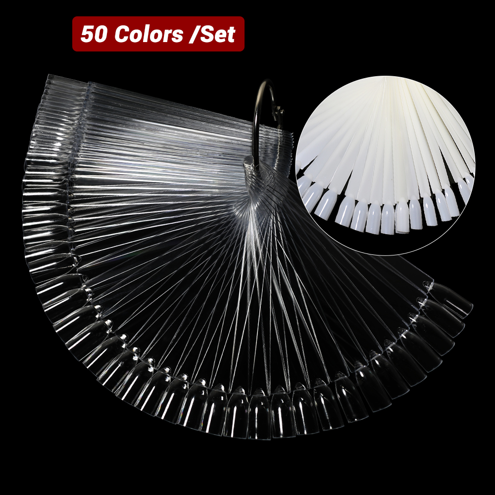 Color Checker Card - แท่นโชว์เล็บปลอม 50 ชิ้น สีใสธรรมชาติ รูปทรงพัด แบบถอดได้