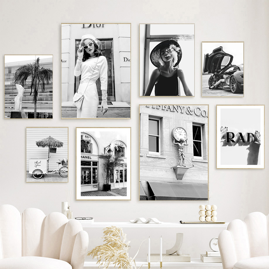 Photography Fashion - ภาพพิมพ์บนผ้าใบลายรถหรูหราสีดำขาว ภาพวาดผนังสไตล์นอร์ดิก โปสเตอร์และภาพพิมพ์สำหรับตกแต่งห้องนั่งเล่น แฟชั่นใหม่สำหรับผู้หญิง